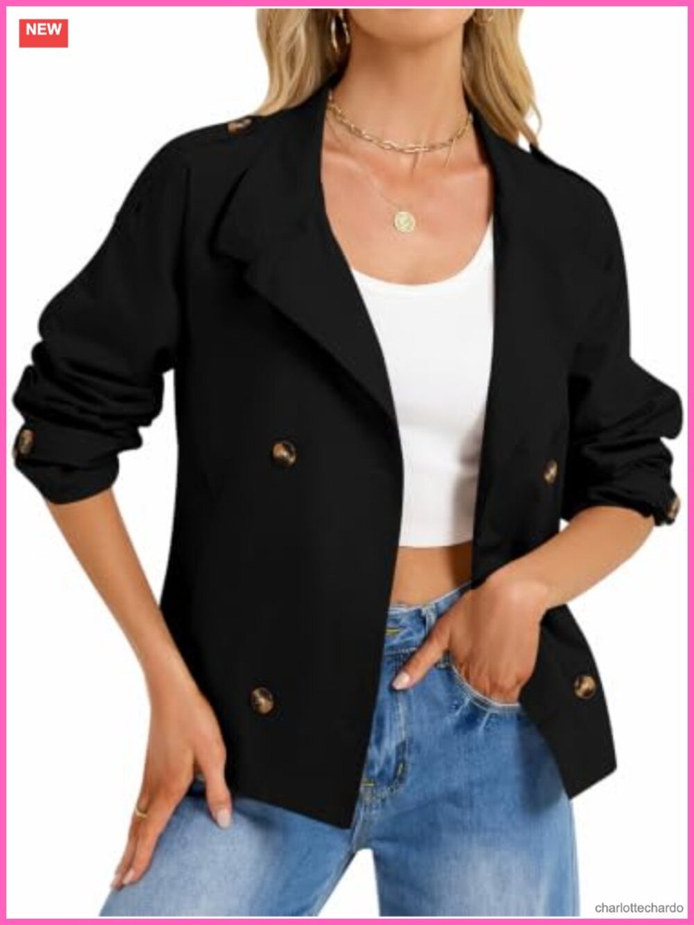 Womens Cropped Trench Coat Double Breasted Belted Casual Jacket